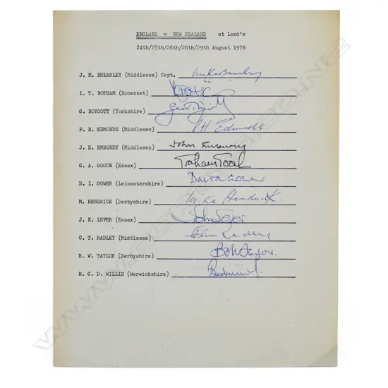 Autographed player list of the England team v New Zealand 1978,