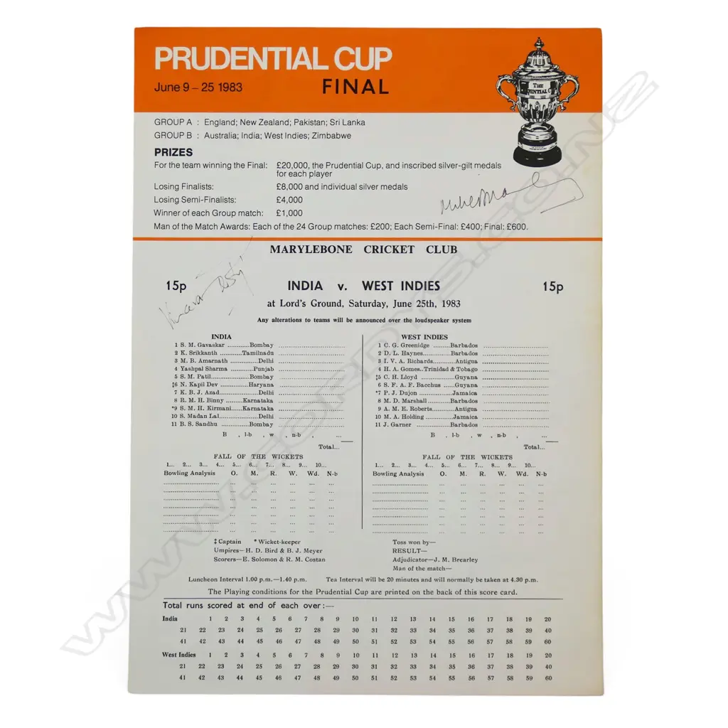 English Prudential Cup final programme 1983 with two unidentified autographs. Image 1++