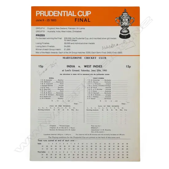 English Prudential Cup final programme 1983 with two unidentified autographs.
