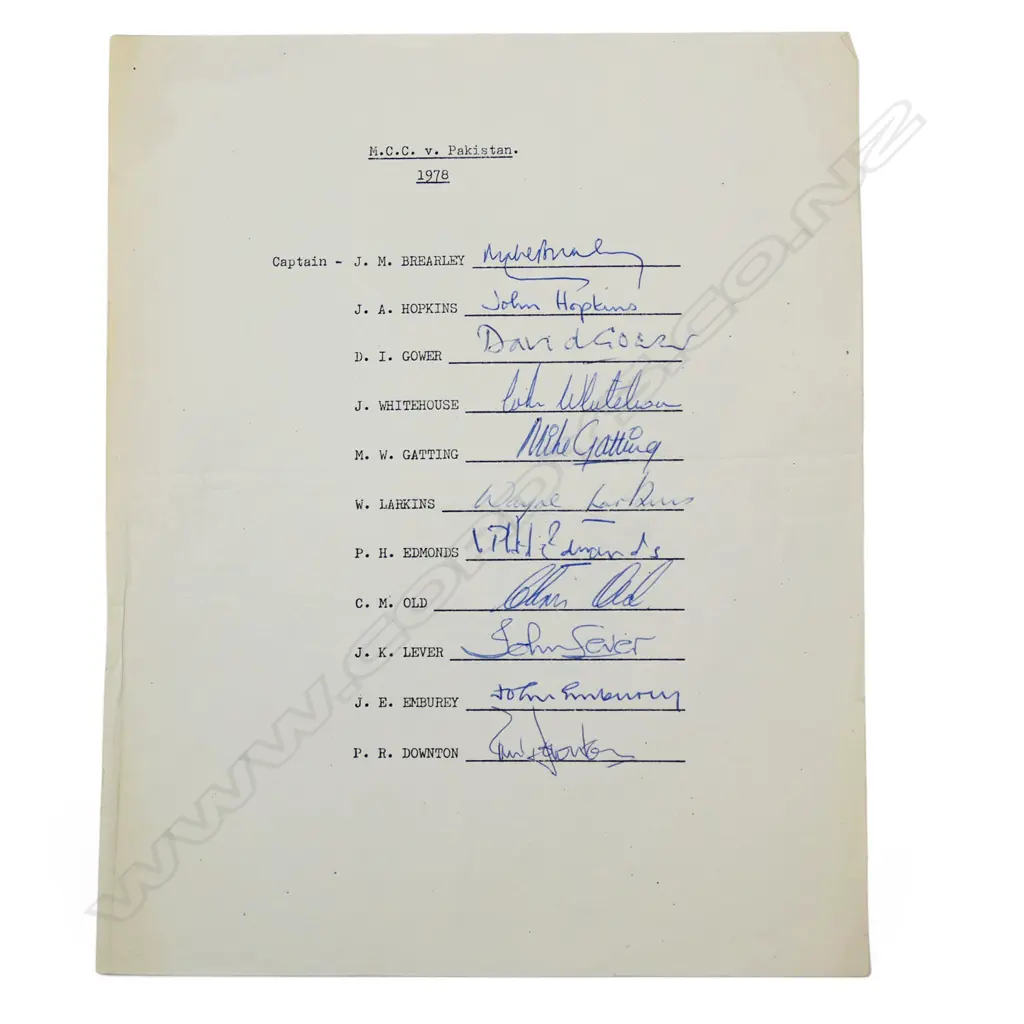 Autographed player list of the MCC (England Team) v Pakistan 1978, Image 1++