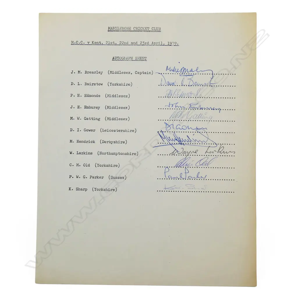 Autographed player list of the MCC (England Team) v Kent 1979, Image 1++