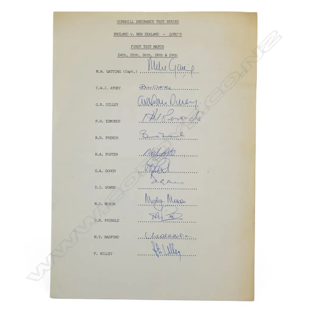 Autographed player list of the England team v New Zealand 1986, Image 1++
