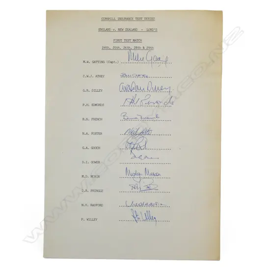 Autographed player list of the England team v New Zealand 1986,