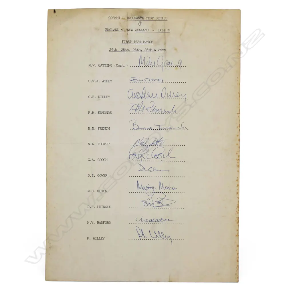 Autographed player list of the England team v New Zealand 1986, Image 1++