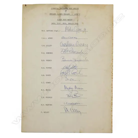 Autographed player list of the England team v New Zealand 1986,