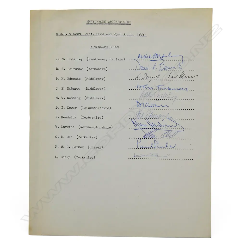 Autographed player list of the MCC v Kent 1979, Image 1++