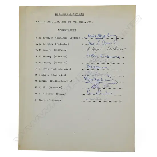 Autographed player list of the MCC v Kent 1979,