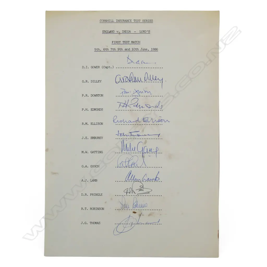 Autographed player list of the England team v India 1986, Image 1++