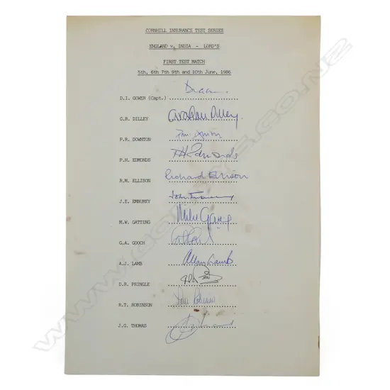 Autographed player list of the England team v India 1986,