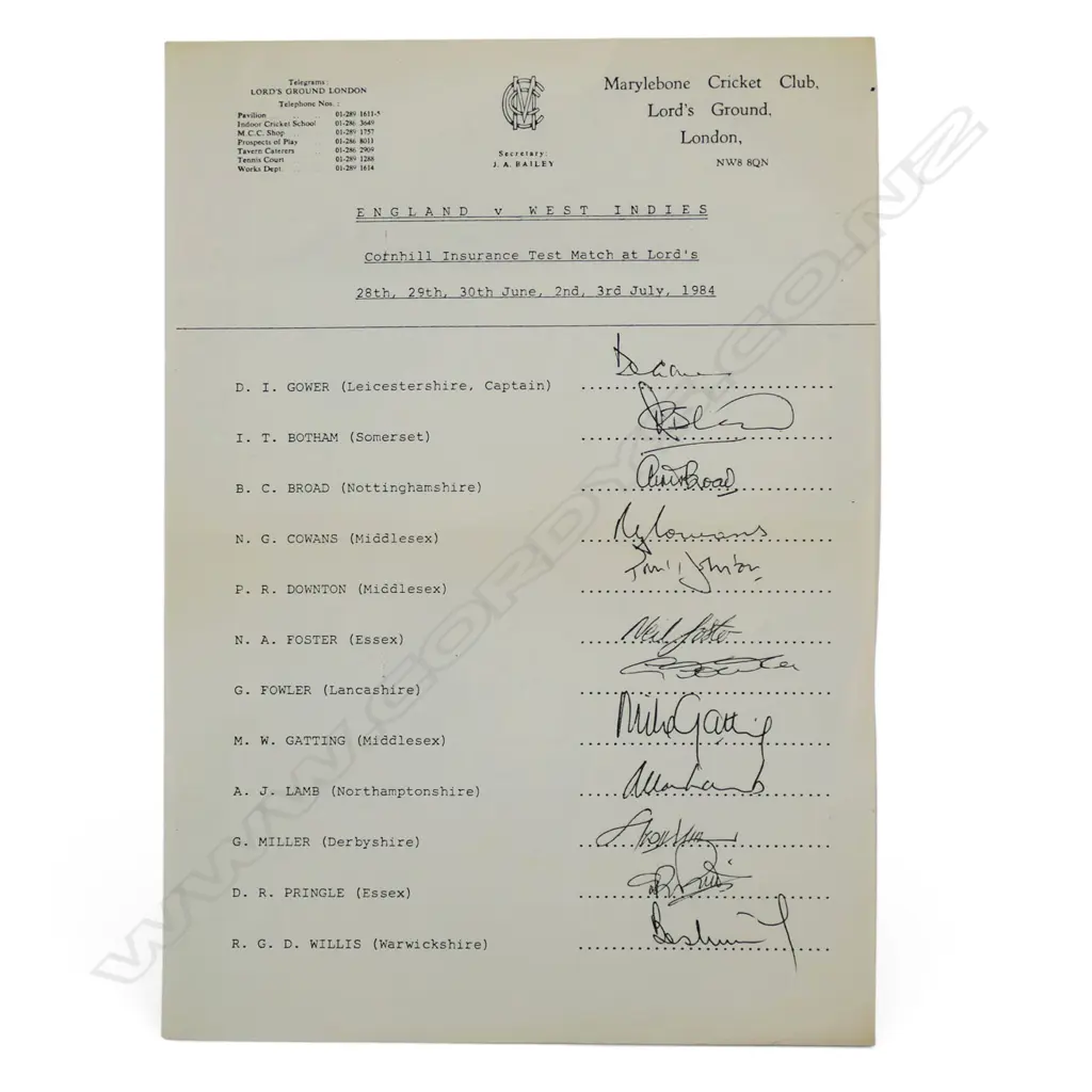 Autograph player list of the England team v West Indies 1984, Image 1++