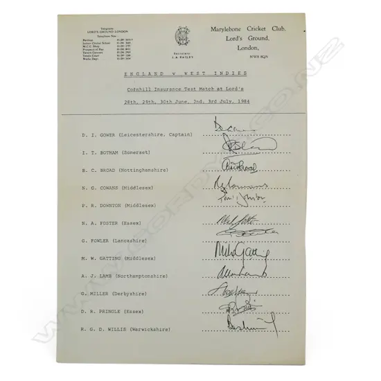 Autograph player list of the England team v West Indies 1984,