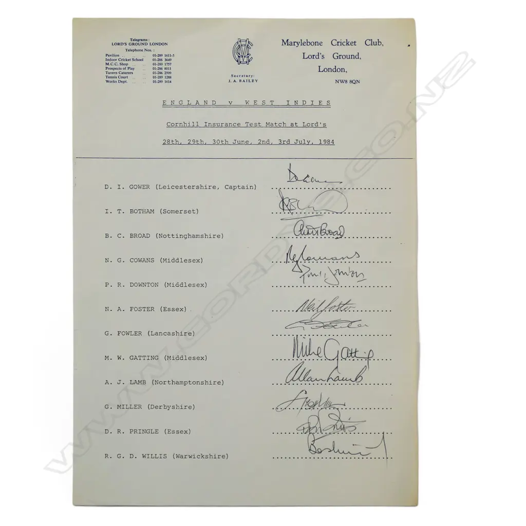 Autographed player list of the England team v West Indies 1984, Image 1++
