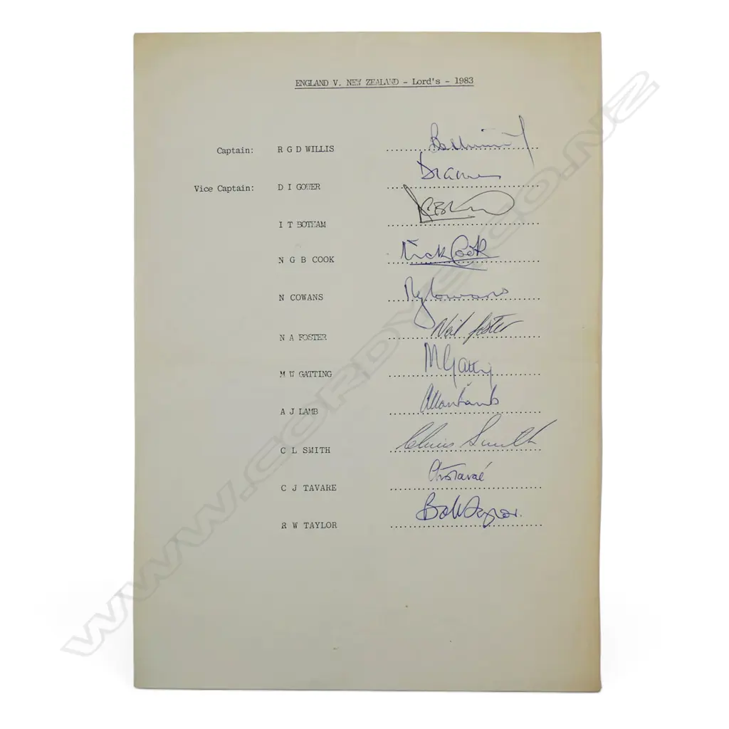 Autographed player list of the England team v New Zealand 1983, Image 1++