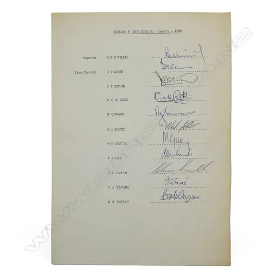 Autographed player list of the England team v New Zealand 1983,