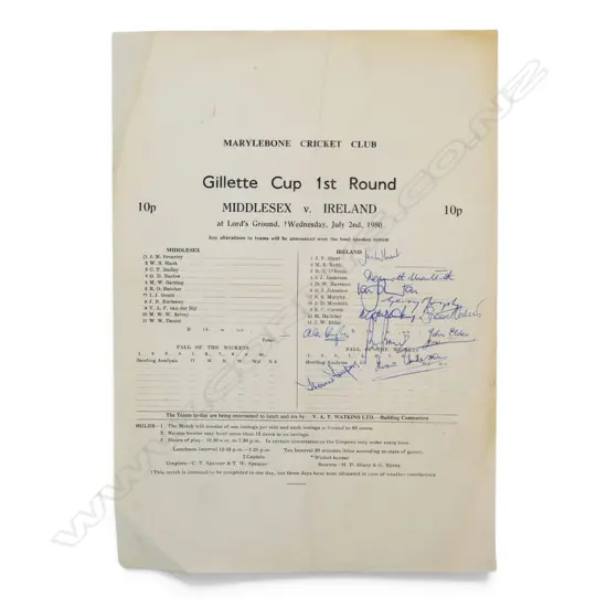 Autographed player list of the Irish team v Middlesex 1980,