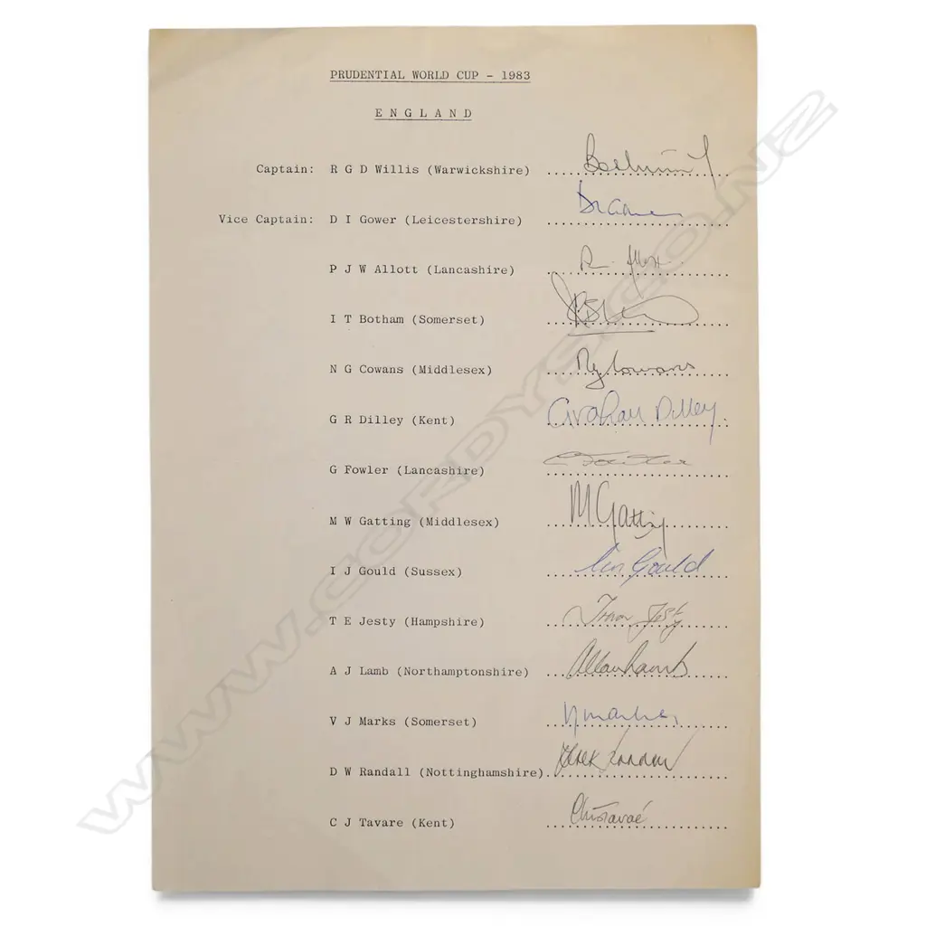 Autographed player list of the England team for the Prudential World Cup 1983, Image 1++