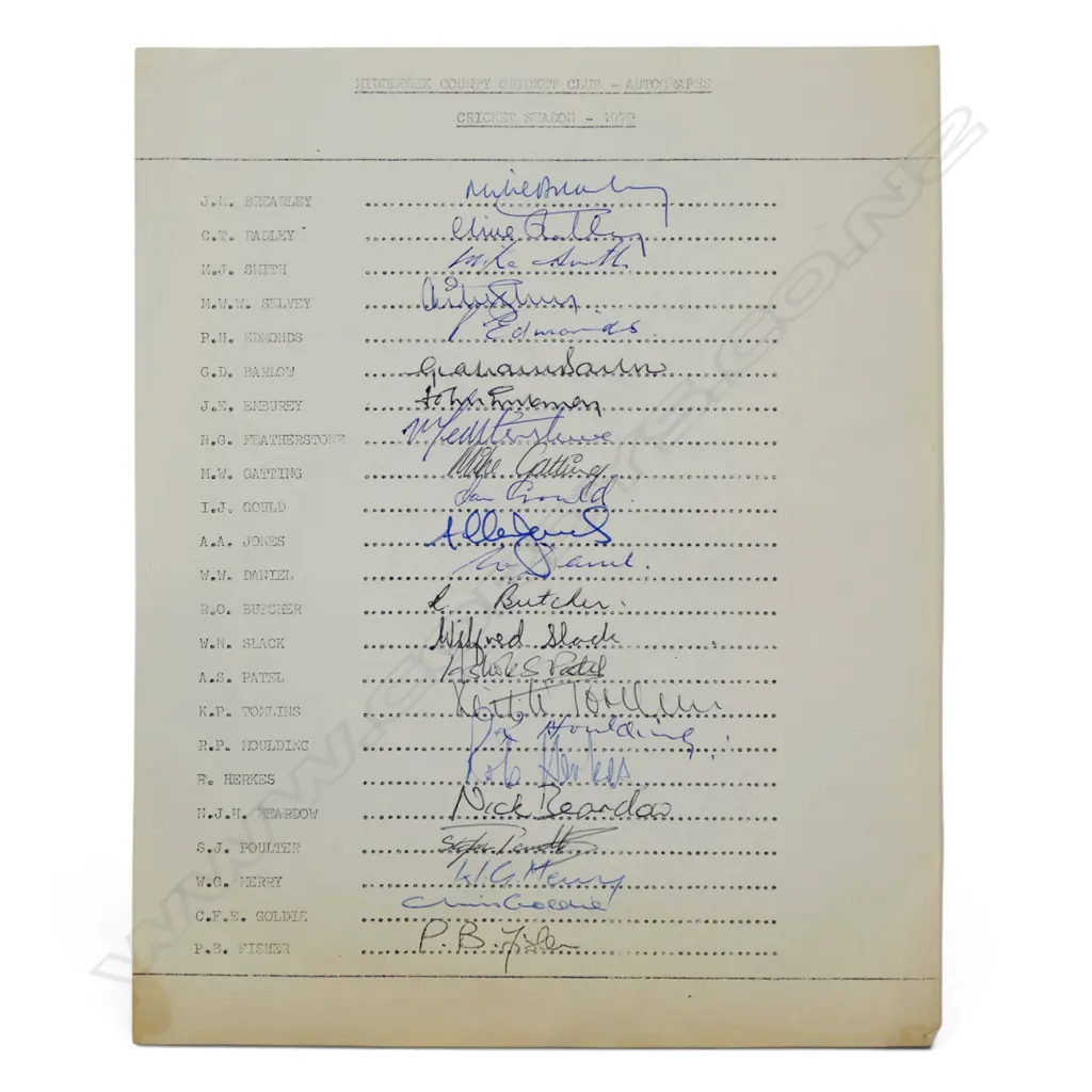 Autographed player list of the Middlesex team full squad 1979, Image 1++