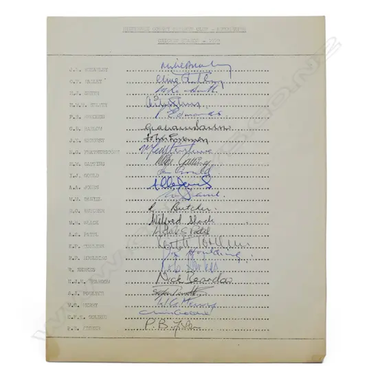 Autographed player list of the Middlesex team full squad 1979,