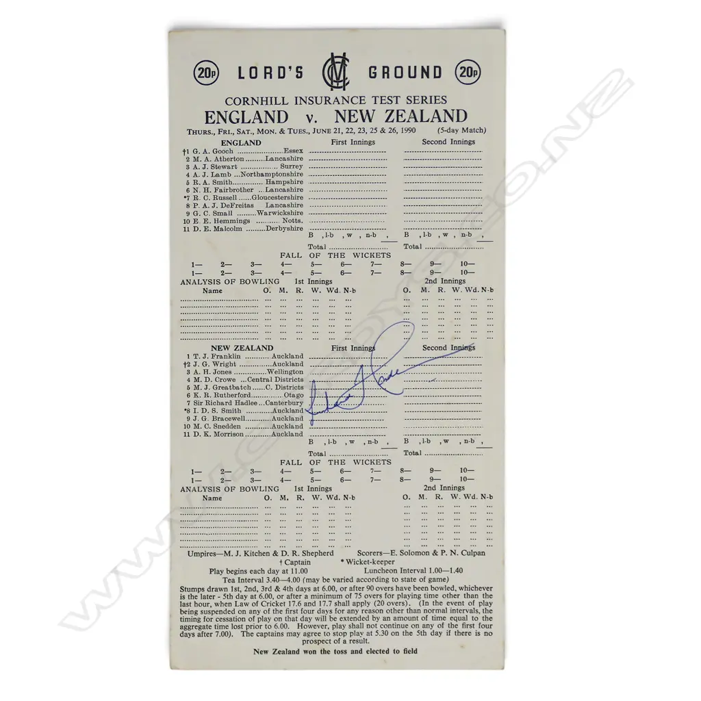 Autographed blank score card England v New Zealand 1990 signed by Richard Hadlee, Image 1++