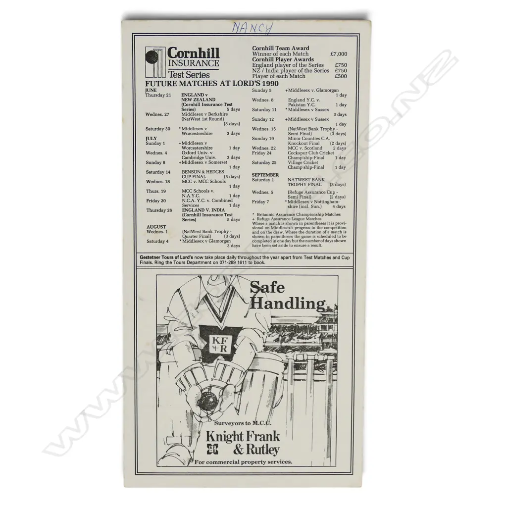 Autographed blank score card England v New Zealand 1990 signed by Richard Hadlee, Image 1++