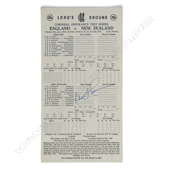 Autographed blank score card England v New Zealand 1990 signed by Richard Hadlee,