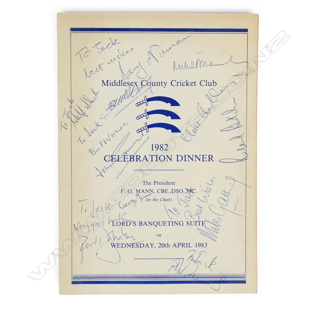 Autographed 1982 Celebration dinner menu signed by the winning Middlesex team, Image 1++