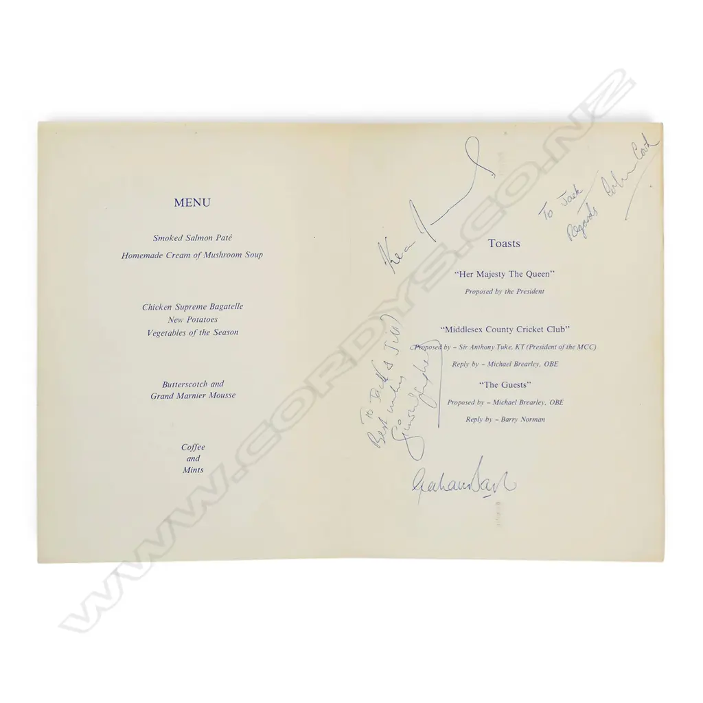 Autographed 1982 Celebration dinner menu signed by the winning Middlesex team, Image 1++