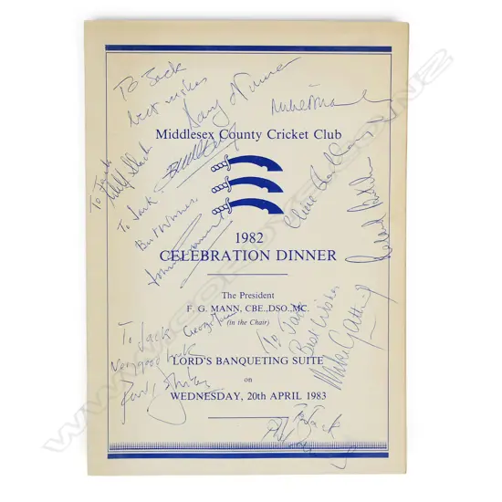 Autographed 1982 Celebration dinner menu signed by the winning Middlesex team,