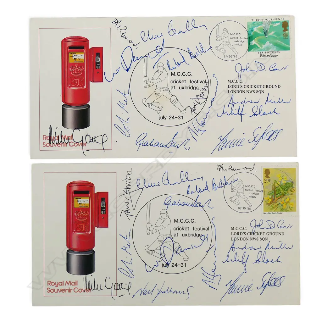 Two Royal Mail souvenir covers commemorating the MCC Cricket Festival 1985 signed by team members, including Mike Gatting, John Carr and Wayne Daniels. Image 1++