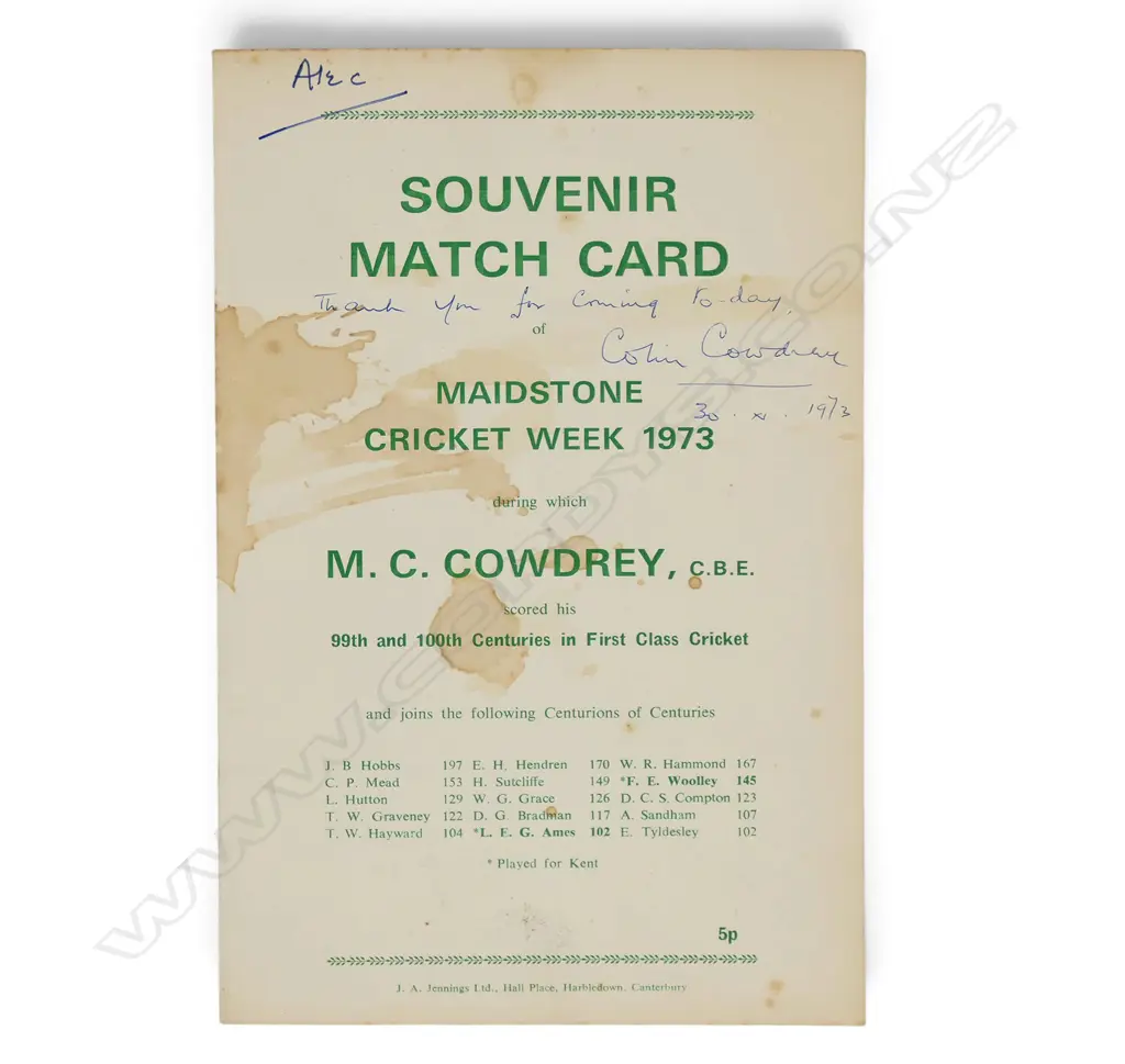 Autographed souvenir match card for the Maidstone Cricket Week 1973 signed by Colin Cowdrey. Image 1++