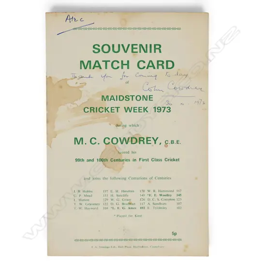 Autographed souvenir match card for the Maidstone Cricket Week 1973 signed by Colin Cowdrey.
