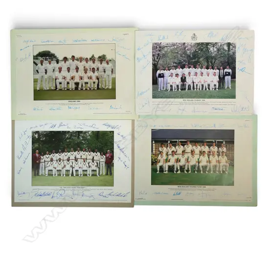 Four souvenir photographs printed with facsimile signatures; New Zealand team 1994 and 1996; England 1986 and West Indies 1988.