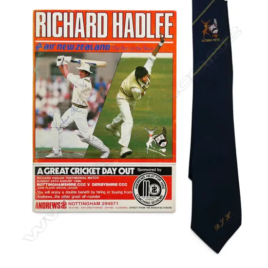 Autographed 1986 Richard Hadlee Testimonial Benefit souvenir booklet signed by Hadlee along with matching Benefit tie,