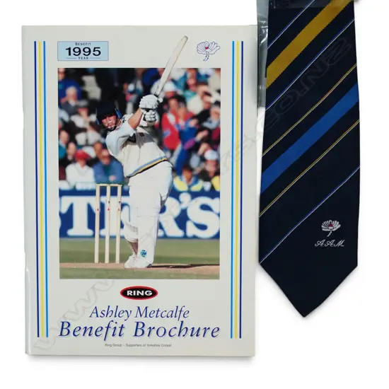 Souvenir booklet for Ashley Metcalffe Testimonial Benefit 1995 and one matching tie,