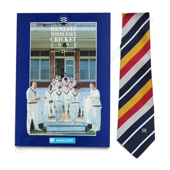 Souvenir booklet for Middlesex cricket Young Players Benefit 1992 and one matching tie,