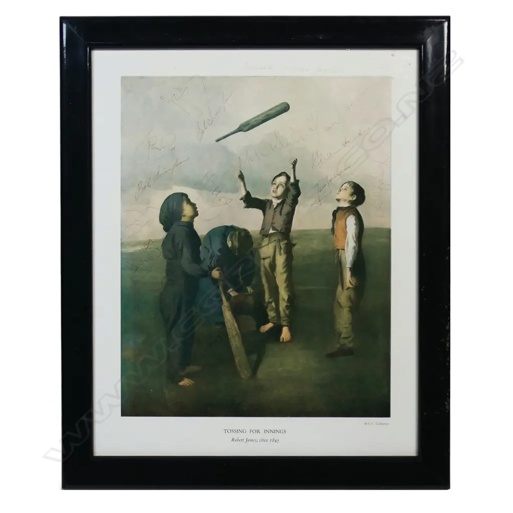 Autographed print of the Robert James' 'Tossing for Innings' painting, signed by members of the Australian team who toured Ireland in 1993, Image 1++