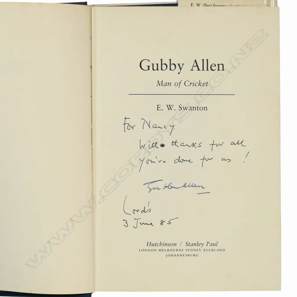 Gubby Allen - Man of Cricket by E W Swanton - autographed copy signed by the player. Image 1++