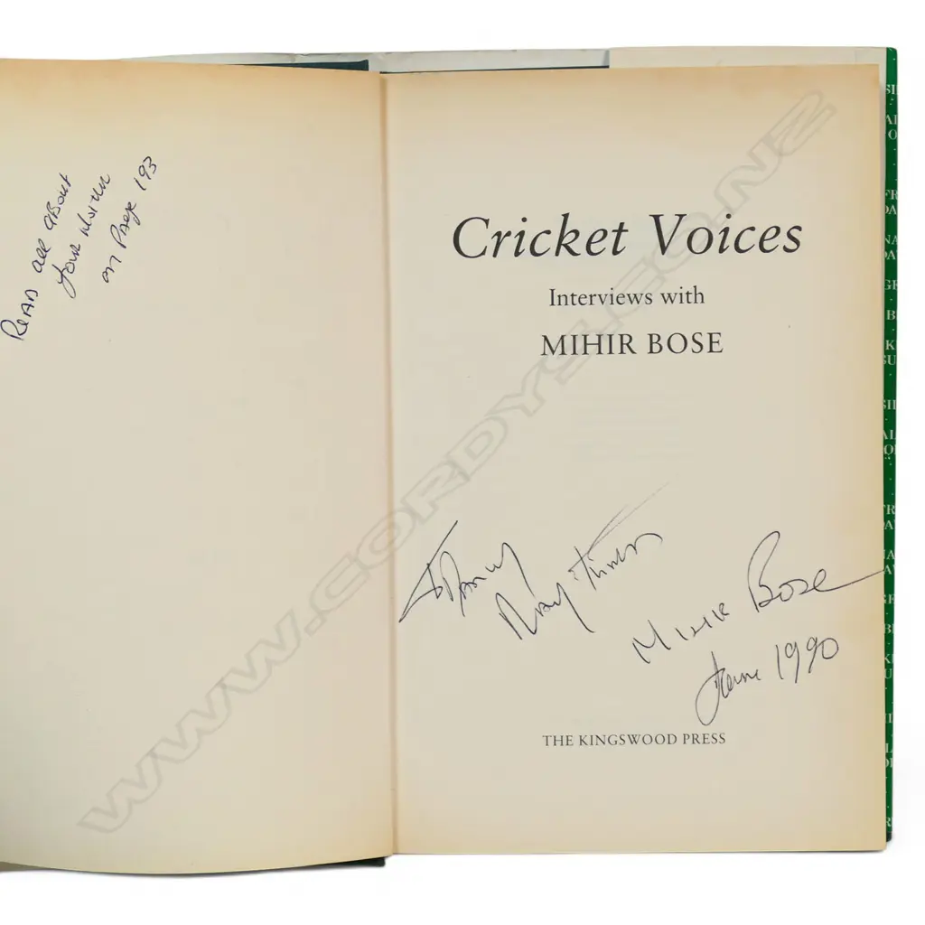 Cricket Voices - Interviews with Mihr Bose, signed by the author - featuring a section on Nancy Doyle; pg.193-197. Image 1++