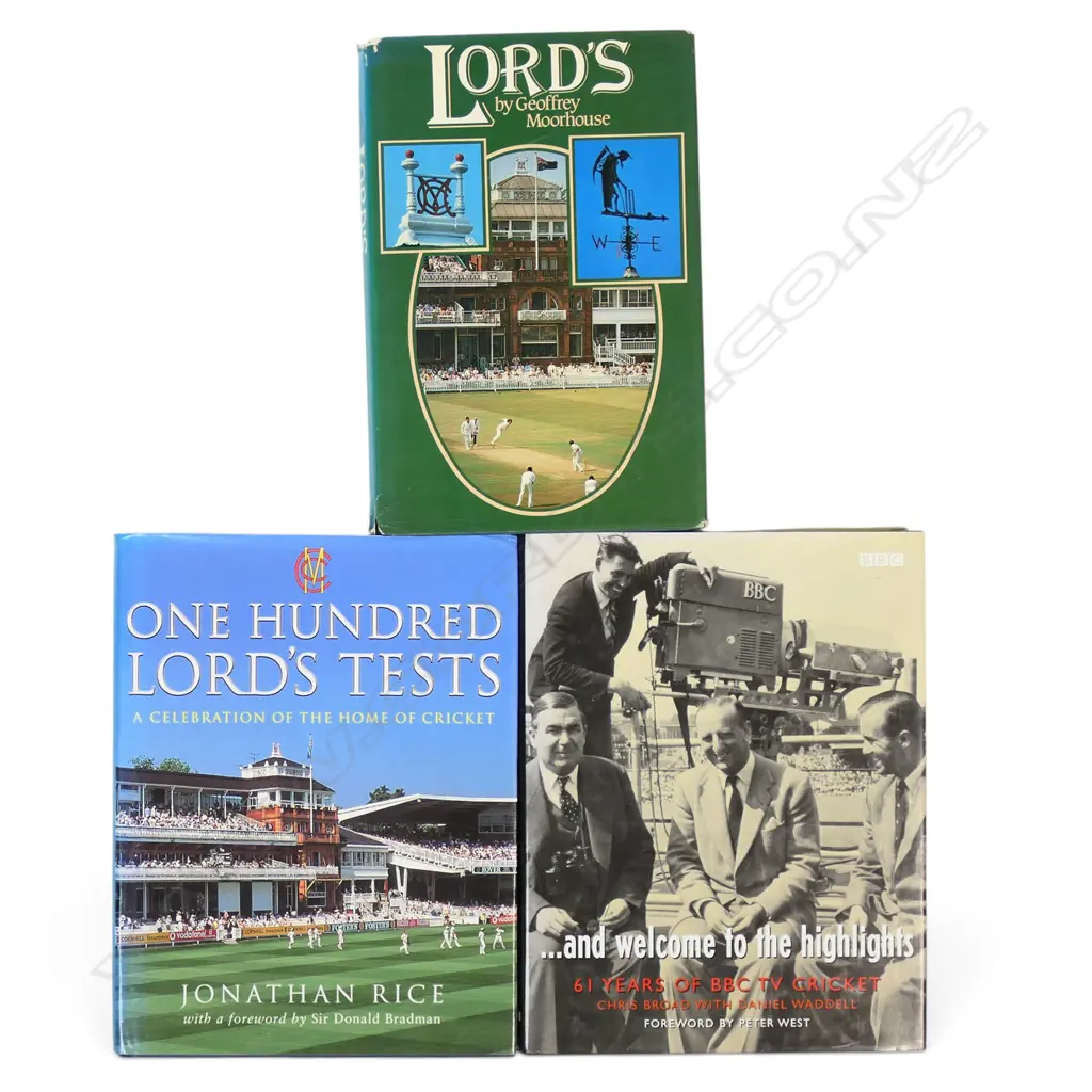 3 cricket publications: Geoffrey Moorhouse's 'Lords' 'and welcome to the highlights' (61 years of BBC cricket) featuring Chris Broad with Daniel Waddell and Jonathan Rice's 'One Hundred Lords Tests; a celebration of home cricket', Image 1++