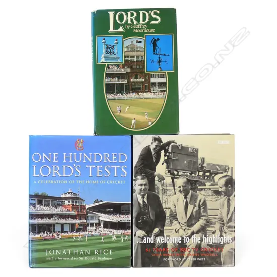 3 cricket publications: Geoffrey Moorhouse's 'Lords' 'and welcome to the highlights' (61 years of BBC cricket) featuring Chris Broad with Daniel Waddell and Jonathan Rice's 'One Hundred Lords Tests; a celebration of home cricket',