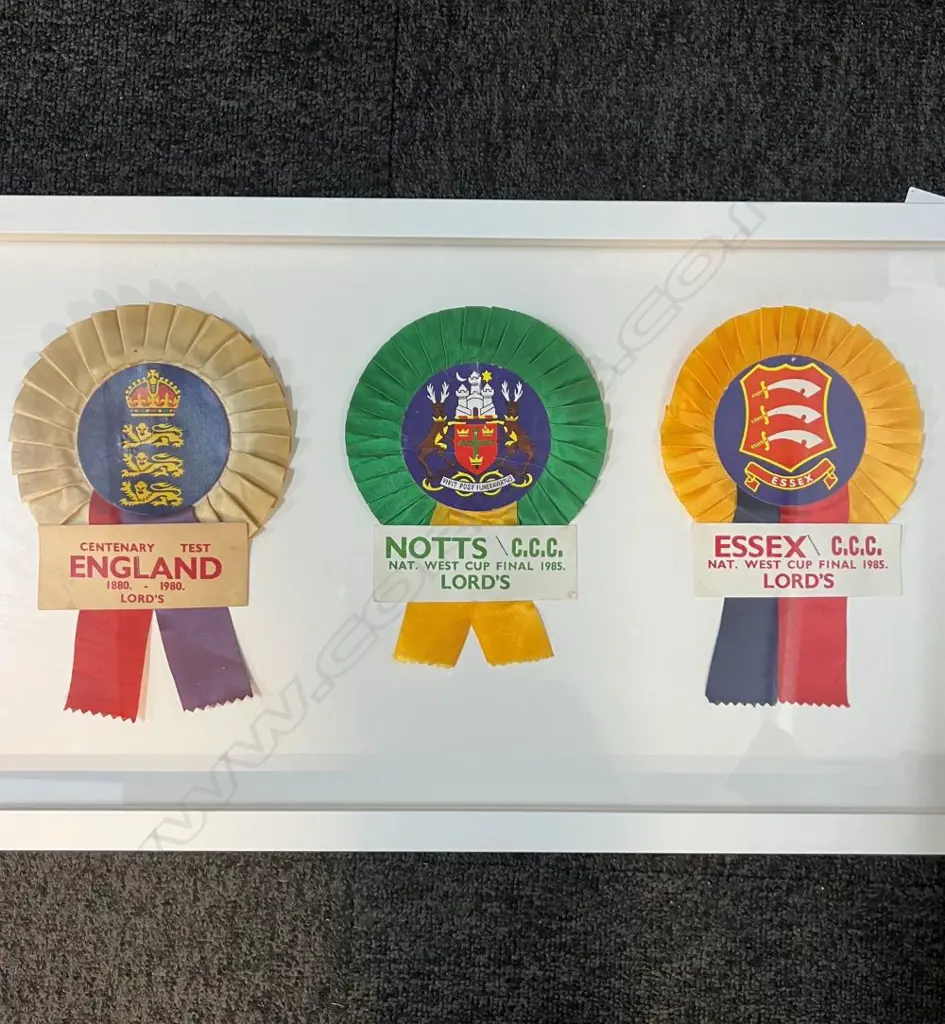 Rare collection of five team supporters Rosettes - framed and glazed for display - 960 x 350mm, Image 1++