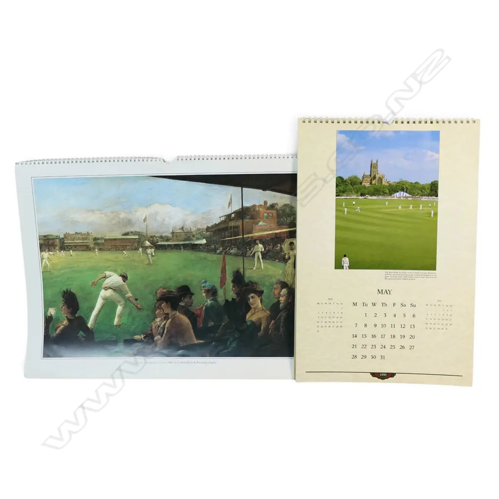 Two cricket calendars - MCC 1990 and Cricket over the Centuries 1982 - featuring prints of the renowned original artworks hanging in the Halls of Lords. Image 1++