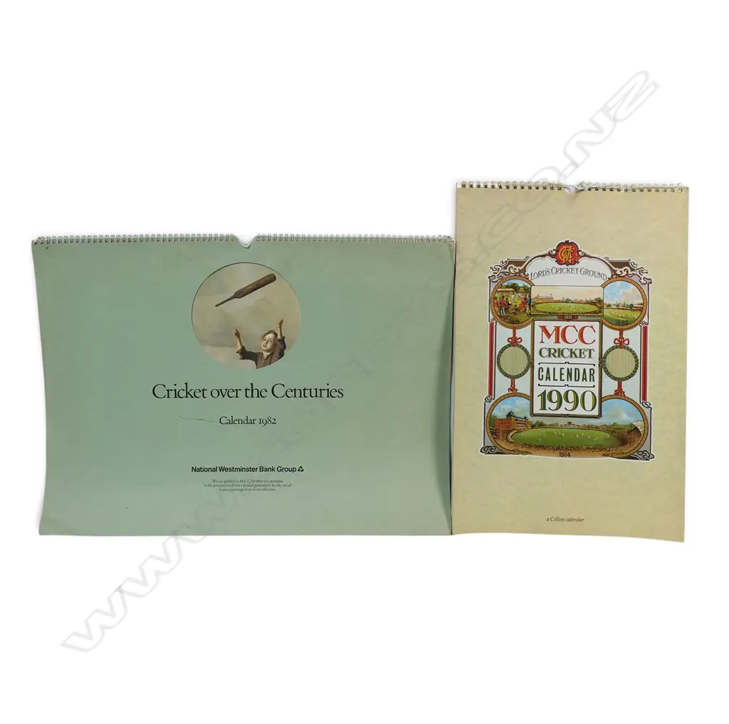Two cricket calendars - MCC 1990 and Cricket over the Centuries 1982 - featuring prints of the renowned original artworks hanging in the Halls of Lords. Image 1++