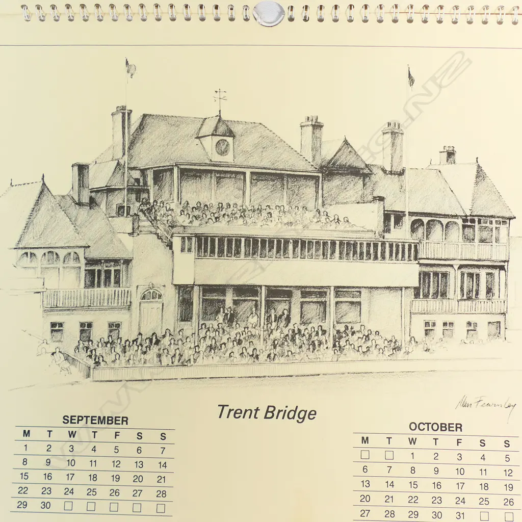 Six vintage calendar images by Allan Fearnley picturing all the famous test cricket venues in England. Image 1++