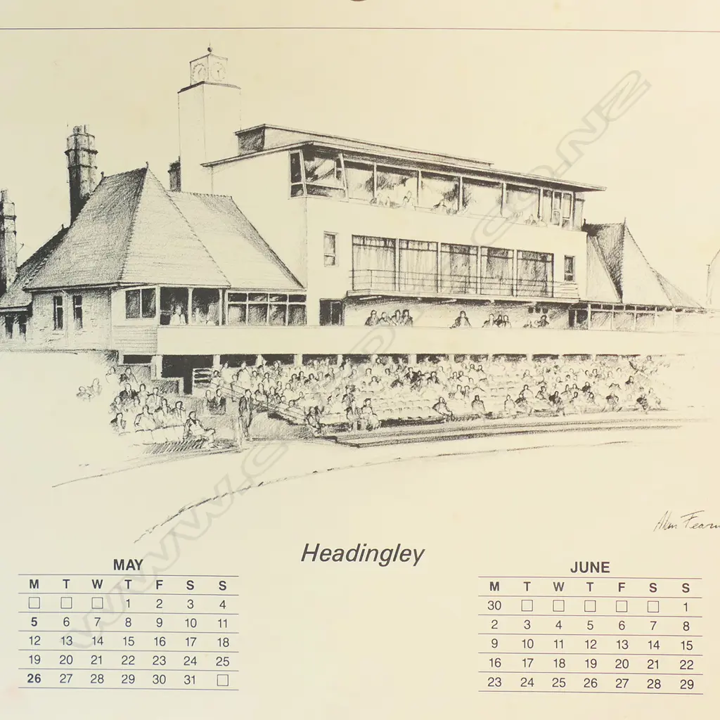 Six vintage calendar images by Allan Fearnley picturing all the famous test cricket venues in England. Image 1++