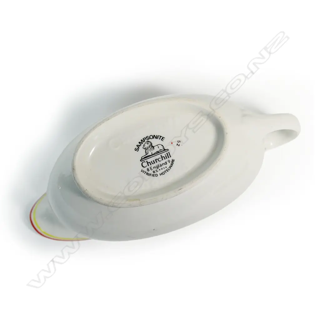 Two MCC monogrammed Lords dining room items - a Churchill pottery gravy boat and Mappin & Webb silver plate oval sandwich plate - 260 mm x 185 mm. Image 1++