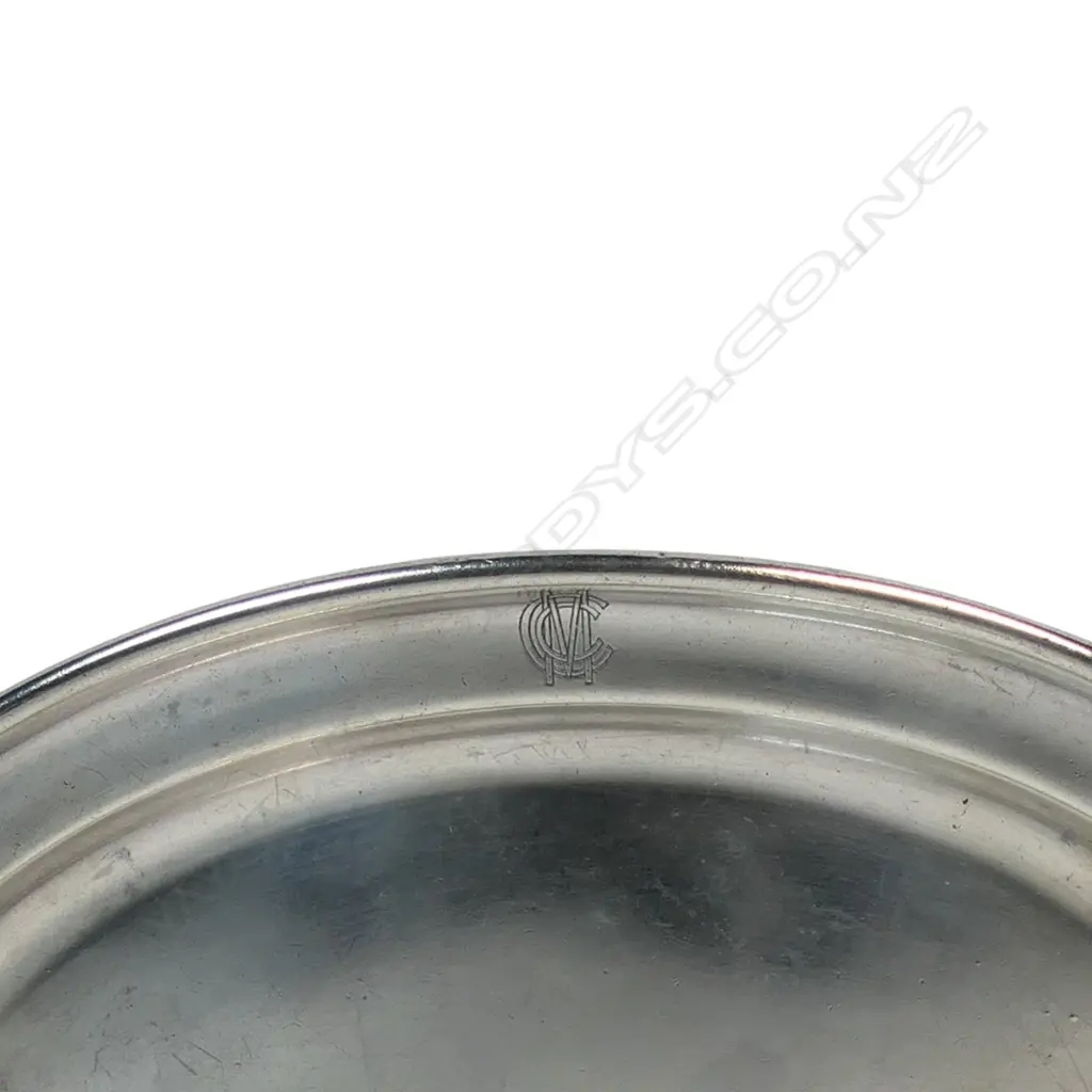 Two MCC monogrammed Lords dining room items - a Churchill pottery gravy boat and Mappin & Webb silver plate oval sandwich plate - 260 mm x 185 mm. Image 1++