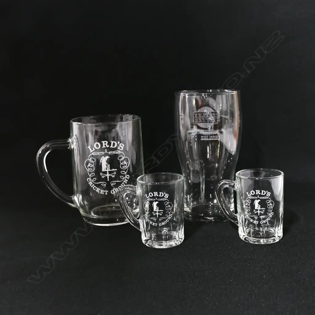 Souvenir Lords pint glass and two miniature Lords glasses plus West Indies v England 1995 pint glass. Image 1++
