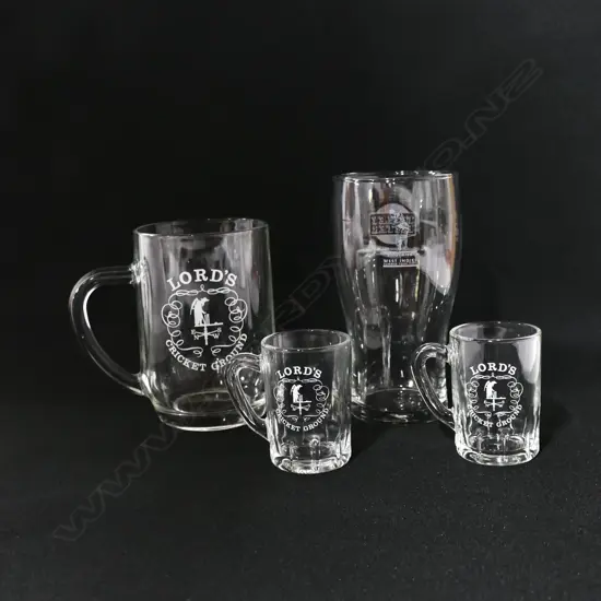 Souvenir Lords pint glass and two miniature Lords glasses plus West Indies v England 1995 pint glass.
