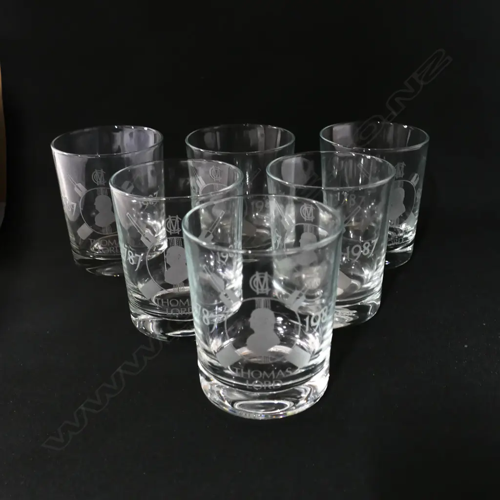 Set of six etched MCC Bicentennial (1787-1987) souvenir spirit glasses. Image 1++